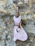 Carved Rose Quartz Cat Pendant in Wire Wrapped Copper, with Copper Heart Dangle.