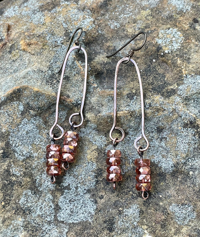 Hammered Copper Earrings with Peach Glass Dangles on Niobium Ear Wires.  