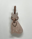 Carved Rose Quartz Cat Pendant in Wire Wrapped Copper, with Copper Heart Dangle.