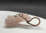 Carved Rose Quartz Cat Pendant in Wire Wrapped Copper, with Copper Heart Dangle.