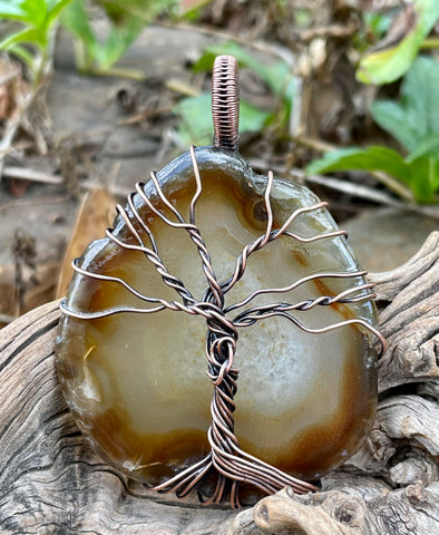 Make a Statement with this Large Agate Tree of Life Pendant in Copper.