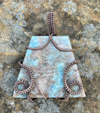Large Beautiful light blue and tan Lazulite Pendant in wire wrapped Copper. 