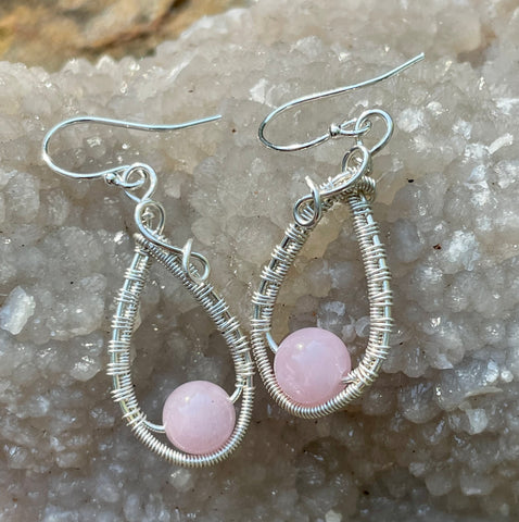 Wire Wrapped Argentium Silver Earrings with Soft Pink Kunzite and Sterling Silver Ear Wires. 