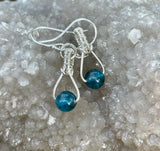 Wire Wrapped Argentium Silver Earrings with Bright Blue Apatite and Sterling Silver Ear Wires. 