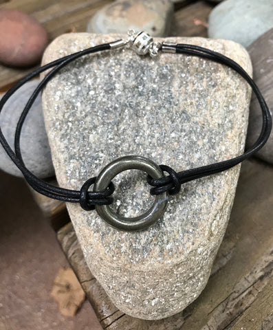 Men's Pyrite and Leather Bracelet - 9 1/2" long