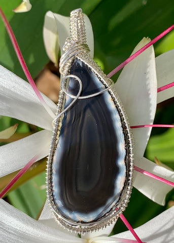 Black Agate Slice Pendant wrapped in Sterling and Fine Silver