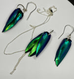 Flashy Blue/Green Jewel Beetle Wings Necklace and Earring set in Sterling Silver. 