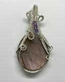 Flashy Pink/Purple Labradorite Pendant in Wire Wrapped Argentium Silver with Amethyst Accent Beads. 