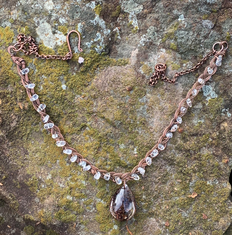 Braided Copper, Phantom Quartz and Glass Necklace
