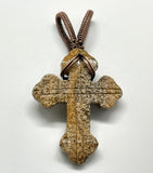 Carved Pictured Jasper Cross Pendant in wire wrapped copper.