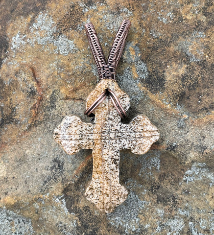 Carved Pictured Jasper Cross Pendant in wire wrapped copper.