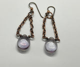 Copper Chain Earrings with Light Purple Czech Glass Drops on Niobium Ear Wires. 