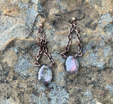 Copper Chain Earrings with Light Purple Czech Glass Drops on Niobium Ear Wires. 
