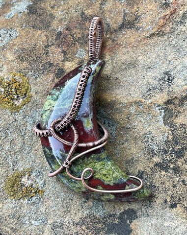 Striking Green and Red Dragon Blood Jasper Moon Pendant Wrapped in Handwoven Copper