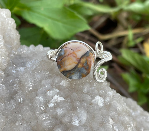 Adjustable Wire Wrapped Argentium Silver and Venus Jasper Ring.