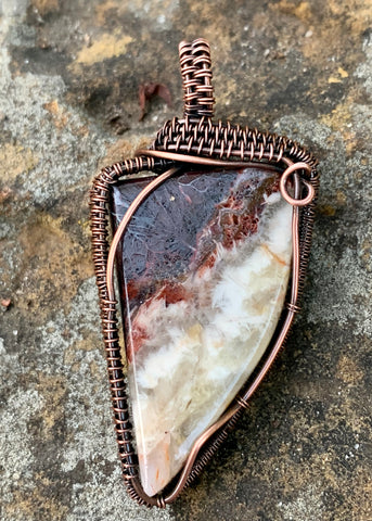 Free Form Akaya Agate Pendant in handwoven Copper.  