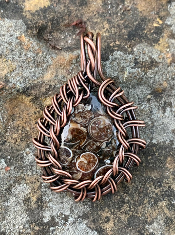 Turritella Agate and Braided Copper Pendant