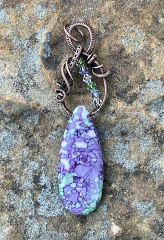 Water Color Purple and Green Stone (dyed) Pendant in Wire Wrapped Copper with Swarovski Crystal Accents. 