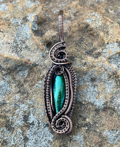 Jewel Beetle Wing Pendant in Wire Wrapped Copper