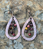 Hammered Copper Earrings with Mookaite Jasper Dangles on Niobium Ear Wires. 