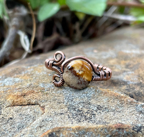Colorful Mookaite and Wire Wrapped Copper Adjustable Ring.  