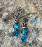 Sparkling Blue Glass Leaf Earring with Blue Crystals and Wire Wrapped Copper on Niobium Ear Wires. 