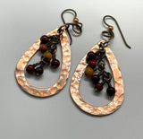 Hammered Copper Earrings with Mookaite Jasper Dangles on Niobium Ear Wires. 