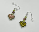 Sterling Silver (.925) Earrings with Glass Leaves, Peridot and Purple Aventurine. 