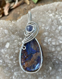 Beautiful Boulder Opal Pendant in Wire Wrapped Sterling Silver (.925) with Tanzanite Accent