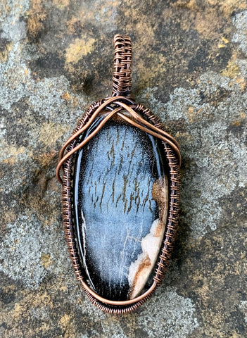  Mystery Blue Stone Pendant in handwoven Copper. 