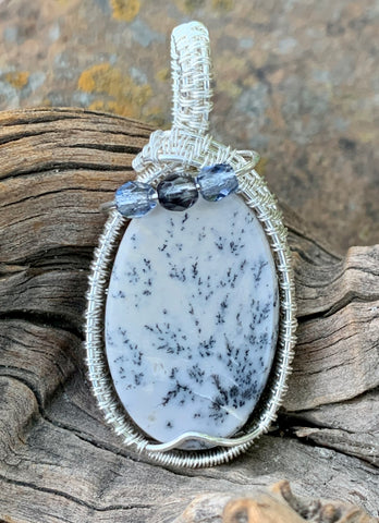 Beautiful Burro Creek Agate Pendant with natural tree formation dendrites, wrapped in Sterling (.925) and Fine (.999) Silver with Czech Glass Accent Beads. 