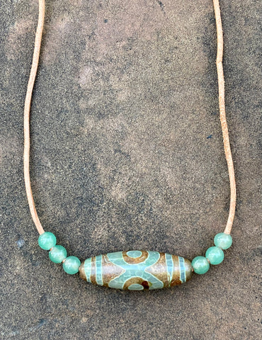 Unique Tibet Agate, Green Aventurine, and Leather Necklace with a Copper Clasp. 