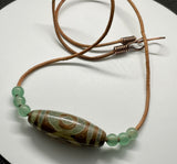 Unique Tibet Agate, Green Aventurine, and Leather Necklace with a Copper Clasp. 