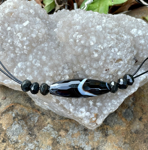 Faceted Black Agate, Leather and Sterling Silver Necklace