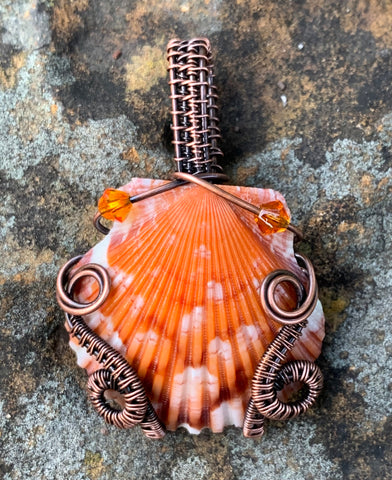 Self collected Beautiful Natural Orange Calico Scallop Sea Shell Pendant wrapped in handwoven Copper with Swarovski Crystal accent beads. 