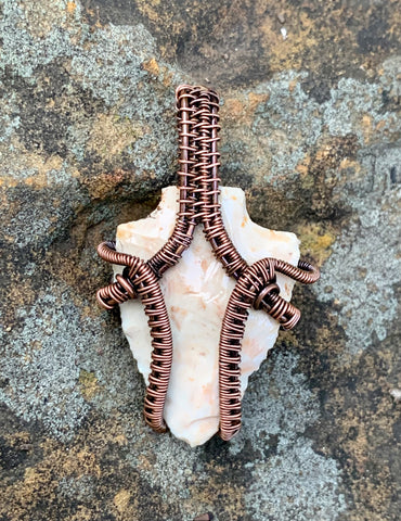 Tan/Cream Colored Carved Arrowhead Pendant in Wire Wrapped Copper. 