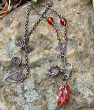 Carnelian Leaf Necklace in Copper with Carnelian Accent Beads and Copper Leaves.