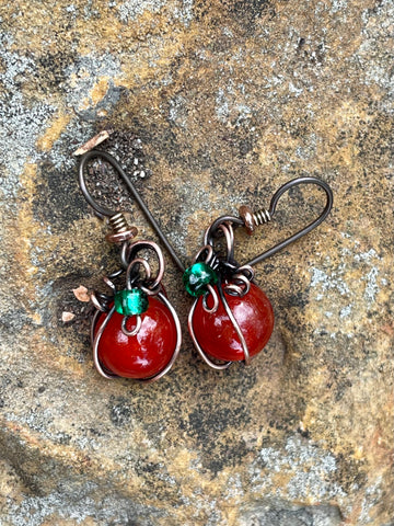 Crackled Agate and Copper Mini Pumpkin Earrings with green glass leaves on Niobium Ear Wires.