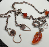 Carnelian Leaf Necklace in Copper with Carnelian Accent Beads and Copper Leaves.