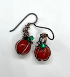 Crackled Agate and Copper Mini Pumpkin Earrings with green glass leaves on Niobium Ear Wires.