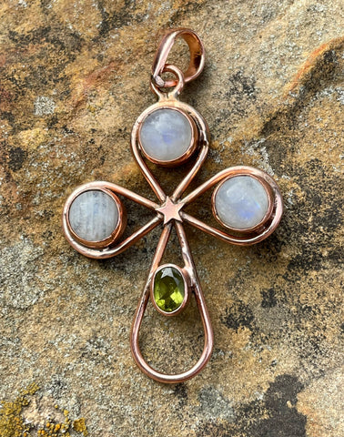 Copper Cross Pendant with Rainbow Moonstones and Peridot. 