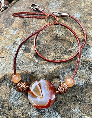 Bright Sardonyx Agate Necklace with Copper and Carnelian Beads on Leather. 