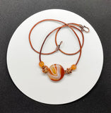 Bright Sardonyx Agate Necklace with Copper and Carnelian Beads on Leather. 