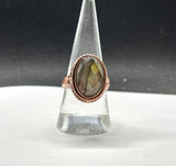 Flashy Labradorite Ring with Yellow and Blue set in Copper.  Size 8.