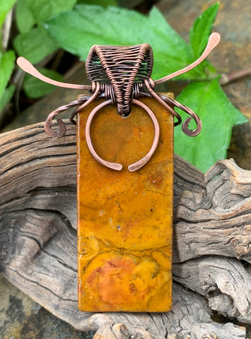 Striking Bold Rectangle Jasper Pendant with hammered copper components and wire wrapped bail.