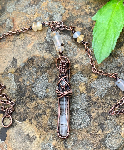 Wire wrapped Montana Agate in copper Necklace - with a copper chain with Montana Agate Bead Accents.
