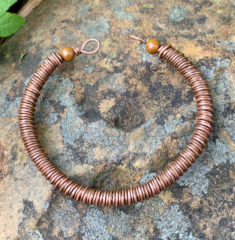 Square and Round Copper Coiled Copper Bracelet with Brown Jasper Beads