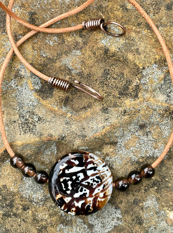 Black, Brown and White (dyed) Agate Necklace with Copper and Smoky Quartz Beads on Leather.