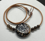 Black, Brown and White (dyed) Agate Necklace with Copper and Smoky Quartz Beads on Leather.