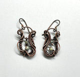Wire Wrapped Copper Earrings with Czech Glass and a Czech Glass Dangle on Niobium Ear Wires.